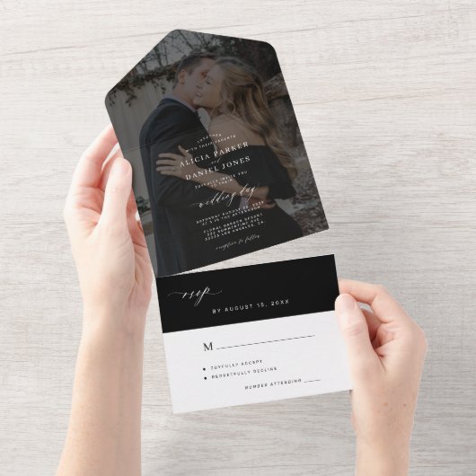 Minimale elegante zwarte fotobruiloft all in one uitnodiging (Afscheurbaar)