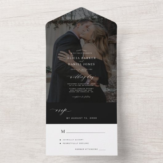 Minimale elegante zwarte fotobruiloft all in one uitnodiging (Binnen)