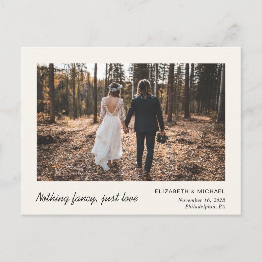 Minimale elopement-fotocrème aankondigingskaart (Voorkant)