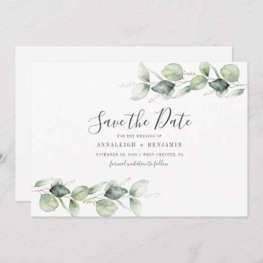 Minimale elyptusbladeren botanische bruiloft save the date (Voorkant / Achterkant)