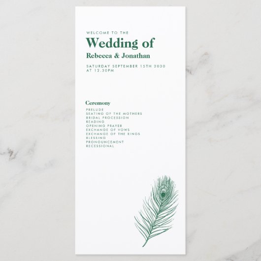 Minimale Emerald Green Feather bruiloft programma (Voorkant)