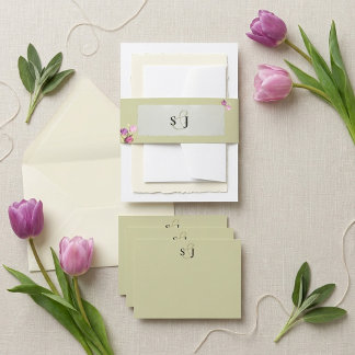 Minimale en Chic Bloemige Saliegroene Monogram Uitnodigingen Wikkel