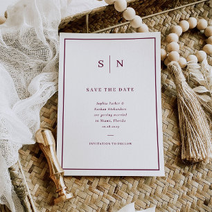 Minimale en chic witte en bordeauxrode rand trouwk save the date