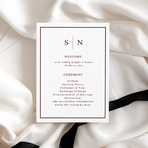Minimale en Chic Witte en Burgundy Rand Trouwfeest Programmakaart