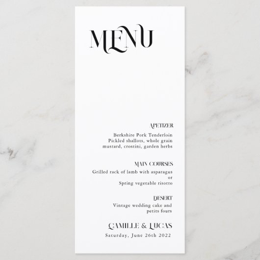 Minimale en chic zwart-wit trouwmenu menu (Voorkant)