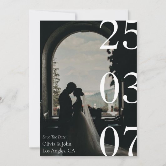 Minimale en chic zwarte en witte save the date kaart (Voorkant)