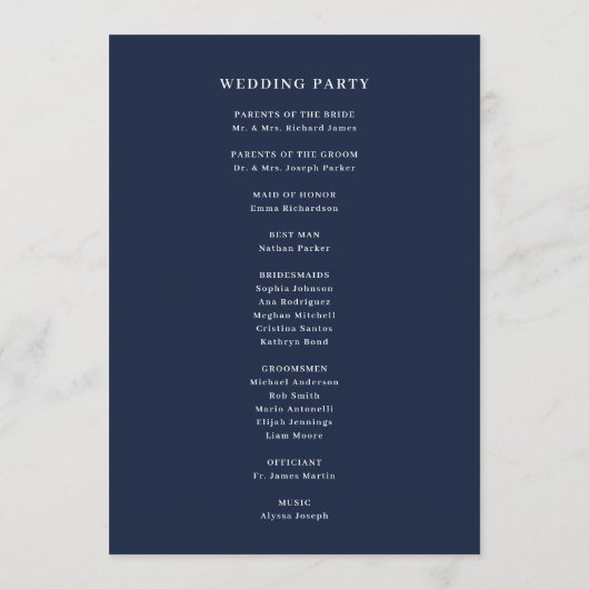 Minimale en chique marine blauw met grens bruiloft programmakaart (Achterkant)