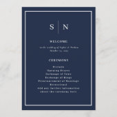 Minimale en chique marine blauw met grens bruiloft programmakaart (Voorkant)
