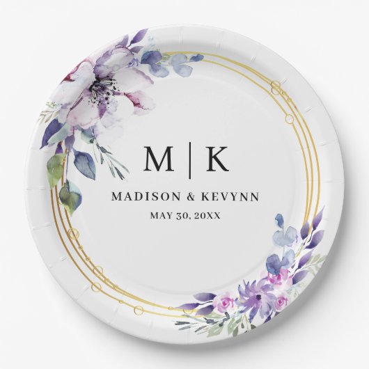 Minimale en chique Paarse Gouden Bloemen | Bruilof Papieren Bordje (Voorkant)
