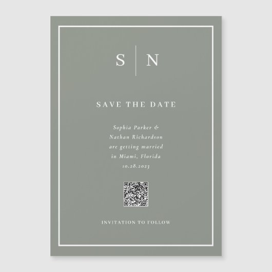 Minimale en chique Sage Green QR-code Sla de datum Magnetische Uitnodiging (Voorkant)