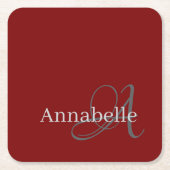 Minimale en eenvoudige rode monogram en naam kartonnen onderzetters (Voorkant)