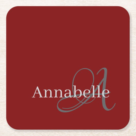 Minimale en eenvoudige rode monogram en naam kartonnen onderzetters (Voorkant)