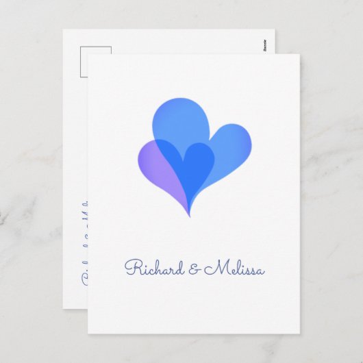 Minimale en elegante blauwe en paarse harten feestdagenkaart (Voorkant / Achterkant)