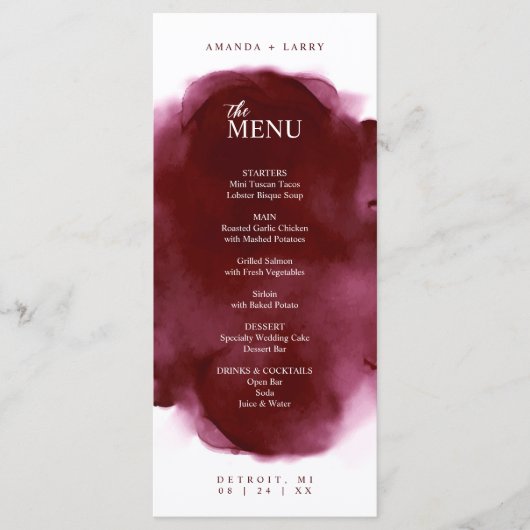 Minimale en Elegante Wijnrode Waterverf Menu Kaart (Voorkant)