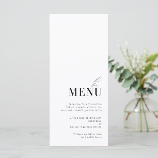 Minimale en elegante zwart-wit bruiloft Menu (Staand voorkant)