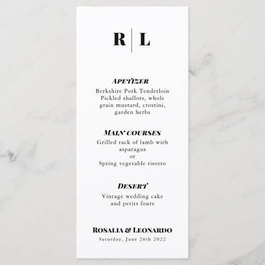 Minimale en elegante zwart-wit bruiloft Menu (Voorkant)