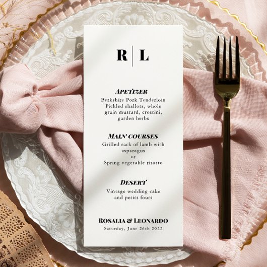 Minimale en elegante zwart-wit bruiloft Menu