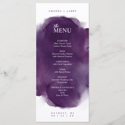 Minimale en moderne Paarse Waterverf Menu Kaart (Voorkant)