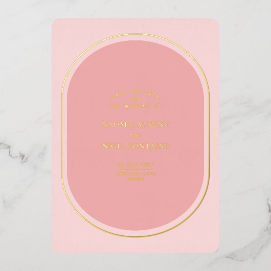 Minimale en moderne roze en gouden opslagdatum folie uitnodiging (Voorkant)