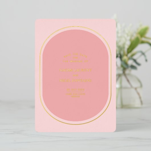 Minimale en moderne roze en gouden opslagdatum folie uitnodiging (Staand Voorkant)