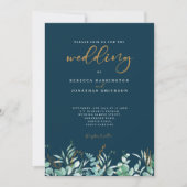Minimale Eucalyptus Blad Goud Navy Bruiloft Kaart (Voorkant)
