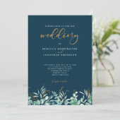 Minimale Eucalyptus Blad Goud Navy Bruiloft Kaart (Staand voorkant)