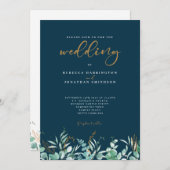 Minimale Eucalyptus Blad Goud Navy Bruiloft Kaart (Voorkant / Achterkant)