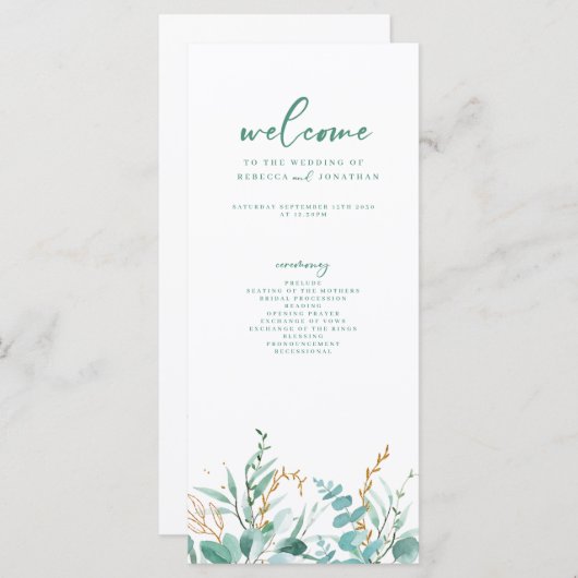 Minimale Eucalyptus bruiloft programma Kaart (Voorkant / Achterkant)