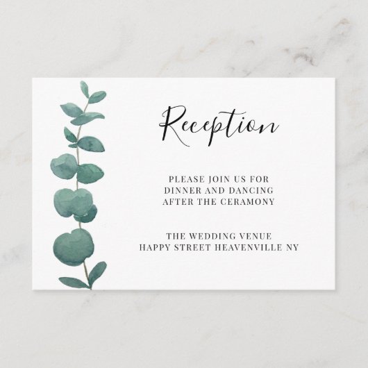 Minimale eucalyptus bruiloft receptie informatiekaartje (Voorkant)