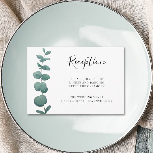 Minimale eucalyptus bruiloft receptie informatiekaartje