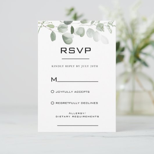 Minimale Eucalyptus Foliage Formele RSVP-kaart RSVP Kaartje (Staand voorkant)