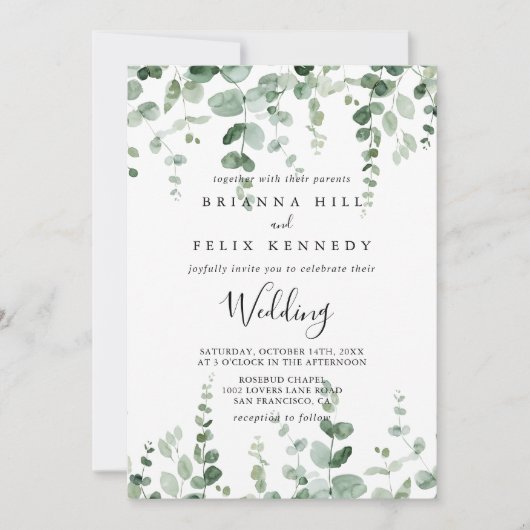 Minimale Eucalyptus Front & Back Wedding Kaart (Voorkant)