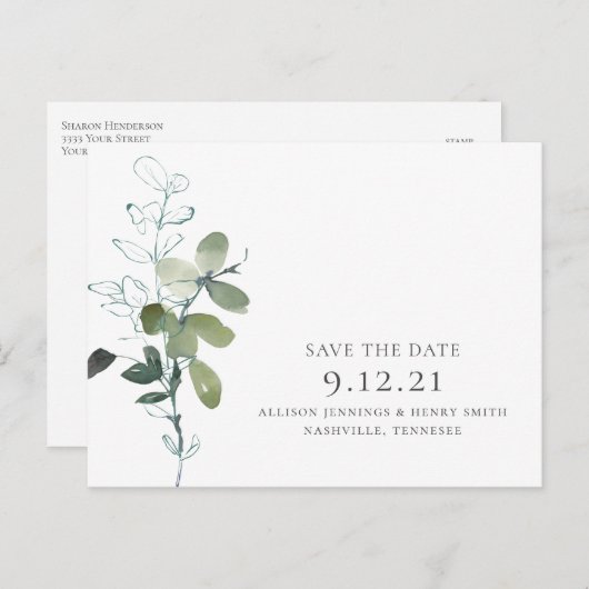Minimale Eucalyptus groen bruiloft Save the Date Aankondigingskaart (Voorkant / Achterkant)