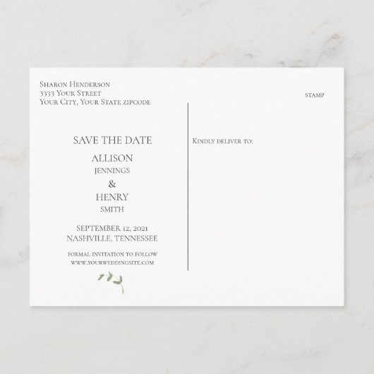 Minimale Eucalyptus groen bruiloft Save the Date Aankondigingskaart (Achterkant)