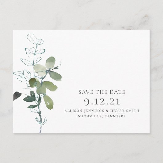 Minimale Eucalyptus groen bruiloft Save the Date Aankondigingskaart (Voorkant)