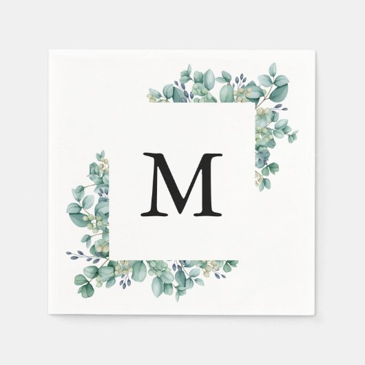 Minimale Eucalyptus Groene Blad Monogram Bruiloft Servet (Voorkant)