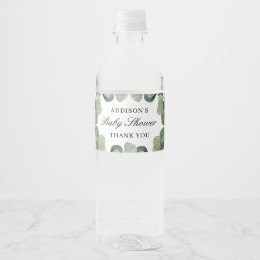 Minimale eucalyptus laat Baby shower gunstig uitva Waterfles Etiket (Voorkant)