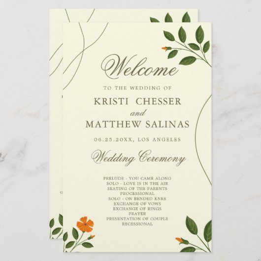 Minimale Eucalyptus Leaves Greenery Wedding Progra (Voorkant / Achterkant)