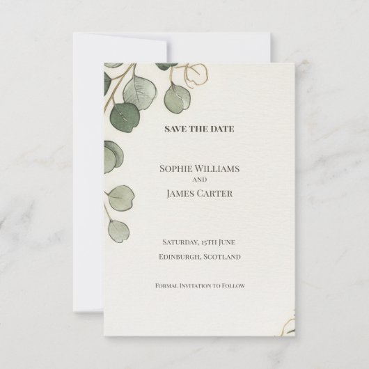 Minimale Eucalyptus Save The Date Kaart (Voorkant)