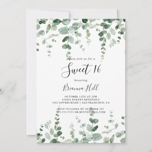 Minimale Eucalyptus Sweet 16 Birthday Party Kaart (Voorkant)