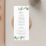 Minimale eucalyptusbladeren Elegant Wedding Menu<br><div class="desc">Behandel je gasten naar dit schattige moderne eucalyptusbladeren menu dat geweldig zou zijn voor je land botanische thema florale bruiloft. Bewerk de gegevens eenvoudig door op de knop 'Personaliseren' te klikken.</div>