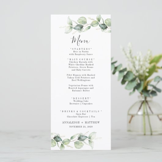 Minimale eucalyptusbladeren Elegant Wedding Menu (Staand voorkant)
