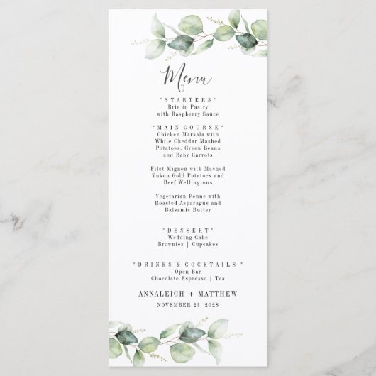 Minimale eucalyptusbladeren Elegant Wedding Menu (Voorkant)