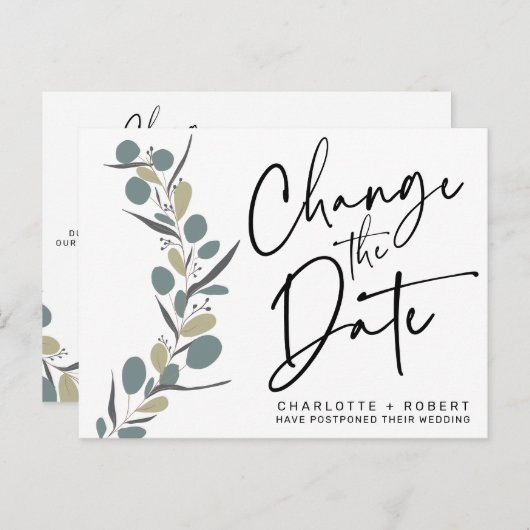 Minimale eucalyptusbruiloft verandert de datum aankondigingskaart (Voorkant / Achterkant)