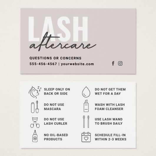 Minimale Eyelash Extensions Lash Aftercare Kaart (Voorkant /achterkant)
