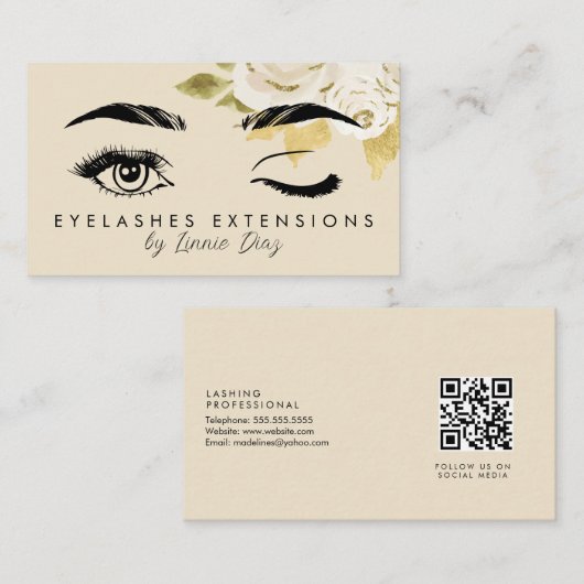 Minimale Eyelashes Extensions Salon Ivory Floral Visitekaartje (Voorkant / Achterkant)