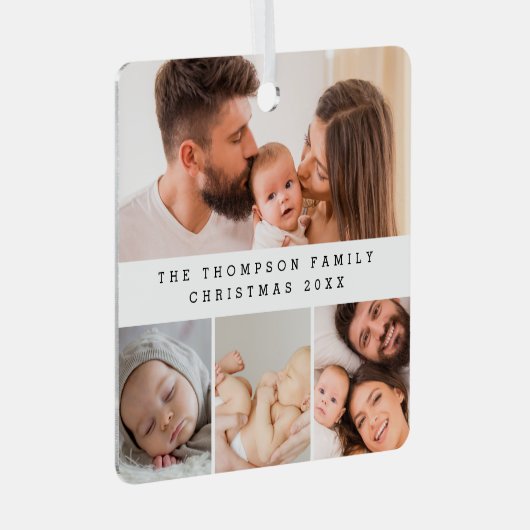 Minimale Familie Fotocollage Kerst Custom Metalen Ornament (Voorkant Rechts)