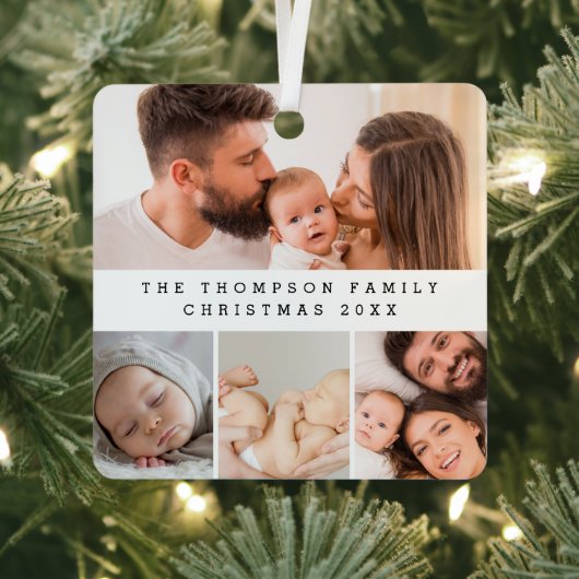 Minimale Familie Fotocollage Kerst Custom Metalen Ornament (Insitu)