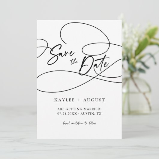 Minimale fancy script "Bewaar de datum" Trouwfoto Save The Date (Staand voorkant)