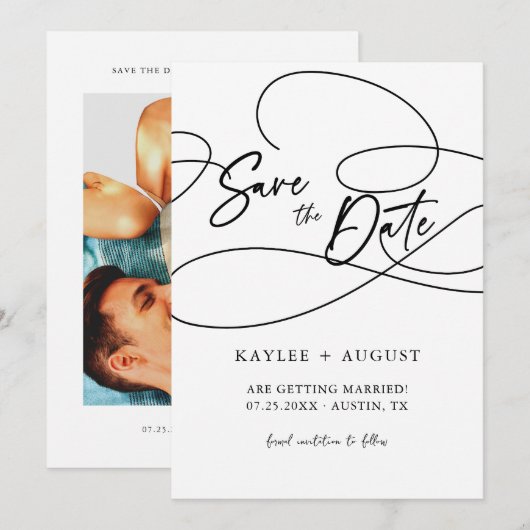 Minimale fancy script "Bewaar de datum" Trouwfoto Save The Date (Voorkant / Achterkant)